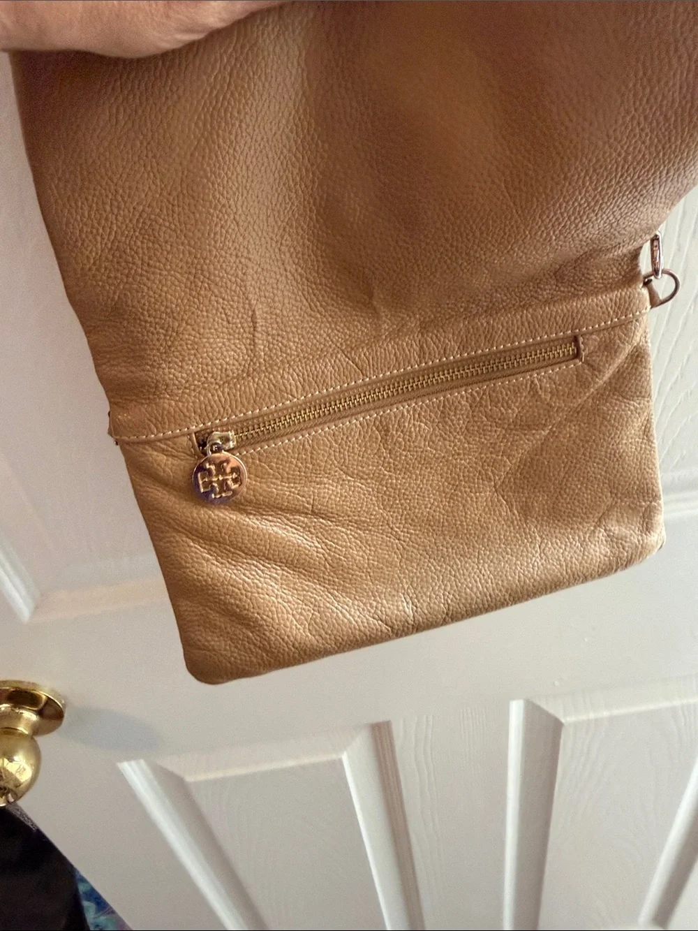Tory Burch Amanda Foldover Pebbled Leather Crossbody Bag Clutch Tan